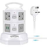 Tower Extension Lead, GLCON Surge Protection Power Strip with 6 UK Sockets and 4 USB Ports (5V/3.1A) Vertical Power Tower 250