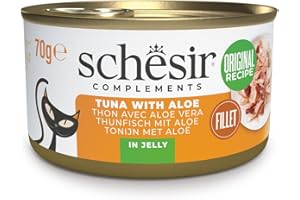 Schesir, Filetes de Atún con Aloe en Gelatina, Comida Húmeda Complementaria para Gatos, en Latas, Receta Original, 100% Natural, 12 x 70g