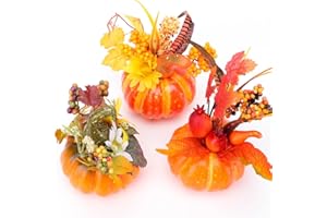 Yuragim 3 Stück Künstliche Kürbisse Herbst Deko, Zierkürbisse mit Ahornblätter und Sonnenblumen, Kürbis Herbst Dekoration Ornamente für Halloween Thanksgiving Herbstdeko Tischdeko