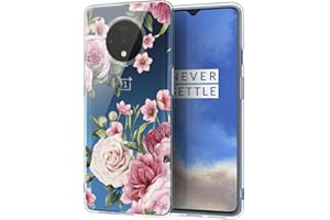 ZhuoFan OnePlus 7T Case, Phone Case Transparent Clear with Pattern Ultra Slim Shockproof Soft Gel TPU Silicone Back Cover Bumper Skin Cases for OnePlus 7T Smartphone, Pink flower