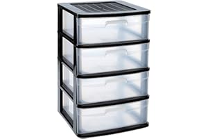 Acan Tradineur - Cajonera almacenaje Sena, 4 cajones transparentes, plástico, torre de ordenación multiusos, hogar, 65 x 40 x 39 cm, negro