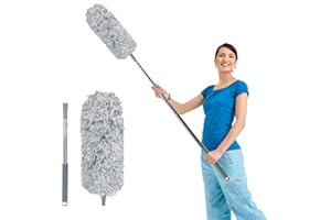 Fogray Extendable Feather Duster, Bendable Microfiber Long Handled with Extra Telescopic Extending Pole and Soft Silicone Cap, Washable Duster for Cleaning Roof, High Ceiling Fan, Blinds, Cobweb