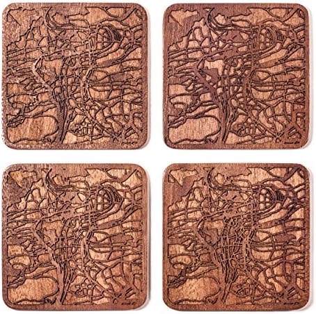 Prague Map Coaster, Set of 4, Sapele Wooden Coaster with City Map, Handmade