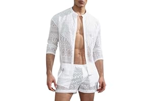 Oanviso Camisa + Pantalones Cortos para Hombres Conjuntos de Top y Pantalones Cortos Juego de Dos Piezas Manga Larga Casual Conjunto Sexy Perspectiva Ropa de Playa Traje de Verano Cómodo