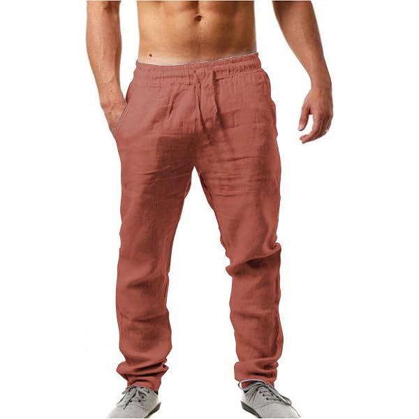 Pantalon En Lin Et Coton Pour Homme - Taille élastique Avec Cordon - Coupe Droite Décontractée - Idéal été, Plage, Yoga, Détente