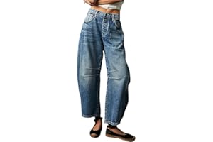 Achlibe Women Fashion Loose Jeans Solid Color Mid-Rise Barrel Denim Pants Spring Casual Trousers Streetwear