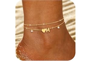 FUNEIA Bracelet Cheville Femme Or Chaine de Cheville Initiales Coeur Bracelet Cheville Imperméable Réglable Avec Zircones Ensemble Chaine Été Chaine de Pied Bijoux Femme Fille