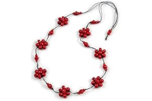 Avalaya Stunning Red Wood Flower Black Cotton Cord Long Necklace - 90cm L