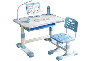 RRXIMHTT Kinder-Funktions-Schreibtisch-Stuhl-Set, höhenverstellbarer Kinder-Schul-Schreibtisch mit Burglehne, erweitertem Schreib, Buchständer und Speicherschublade (Blue-J)