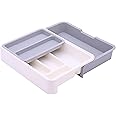HornTide 3-in-1 Cutlery Tray Expandable Utensils Holder Plastic Kitchen Drawer Organizer for Silverware Storage and More - Gray