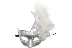 Coolwife Costume Mask Feather Masquerade Mask Halloween Mardi Gras Cosplay Party Masque (Silver White)