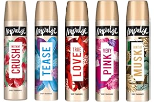 SAESR Impulse 5-Pack Body Spray 75ml (Instant Crush, Tease, True Love, Very Pink and Hint of Musk Body Spray Set) Dermatologically Tested Women's Body Sprays. Perfect Body Sprays for Active Women on the Go.