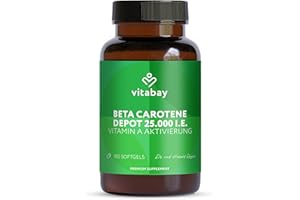 ‎VITABAY Vitabay Beta Carotin Depot Bräunungskapseln - 180 Vegane Softgels mit 25000 I.E - Vorstufe von Vitamin A Hochdosiert -Carotin Kapseln hochdosiert Bräune Karottensaft Karotin - Laborgeprüft