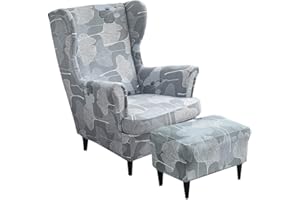 Highdi 2 Teilig Ohrensessel Überzug Mit Ottomane Schonbezug, Sessel-Überwürfe Ohrensessel Schonbezüge Bezug Sesselhusse Stretch Tiger Stuhlbezug mit Armlehne Hohe Rückenlehne (Ginkgo biloba)