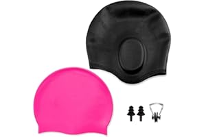 QEEQPF Czepki kąpielowe uniseks silikonowy czepek pływacki dla kobiet, kobiet, długich włosów, mężczyzn i dzieci, wodoodporny, zestaw 2 szt., jeden z kieszeniami na uszy i klasyczny, w zestawie 1 x zatyczki