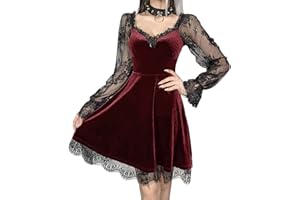 DINGJIUYAN Halloween Robe Gothique en Velours Noir, Garniture en Dentelle, Y2K, Esthétique, Taille Haute, Ligne A, Mini, E-Girl, Grunge, Punk, Tenue de Soirée