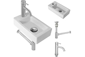 OUUTMEE Umywalka nasadowa, mała umywalka wisząca lub nablatowa, WC dla gości, biała, 370 x 185 x 90 mm, wysoka armatura nablatowa, mała mini umywalka ręczna lewa