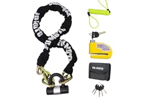 FD-MOTO 1.2M*10mm 3KG Steel Motorcycle Chain Lock Padlock + 110dB Yellow Alarmed Motorbike Brake Disc Lock + 1.5M Cable