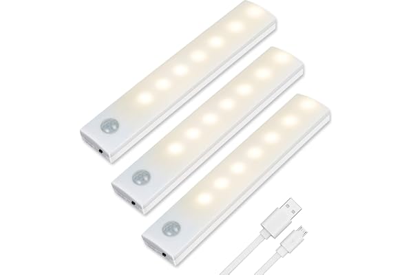 Vicloon LED-sensorljus, 3 st skåpljus med rörelsedetektor och magnetiska remsor, belysning under skåp uppladdningsbar, LED-skåpbelysning för kök, garderob, trappa, låda, hall (varmvit)