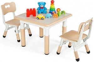 Clevich Kids Table with 2 Chairs, Children's Seating Height Adjustable, Painting Table Chair Set, Children's Furniture for Playroom, Nursery and Study Room, Square Table for Boys & Girls from 3 years