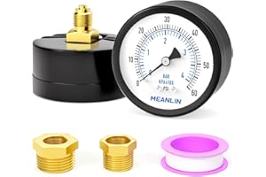 MEANLIN MEASURE 0~4BAR/0~60PSI Manomètre pour pompe de puits 2"DIAL FACE 1/8" BSP, avec 1/4" BSP et 3/8" BSP Hex Bushing, Centre d'essai de pression d'eau, d'huile et d'air à montage arrière