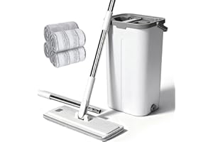 Serpillière Seau Essoreur, Masthome Serpillère Microfibre Plat avec Manche INOX, Balai Plat Rotative 360° avec 4 Serpillères Réutilisables, Balai Serpillière pour Nettoyage Tous Types de Sols