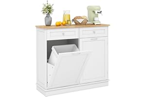 COSTWAY Sideboard with Trash Bin Hamper, Rubber Wood Top Tilt-out Trash Cabinet, Freestanding Storage Cupboard Unit for Kitchen Laundry, No Trash Can (White)