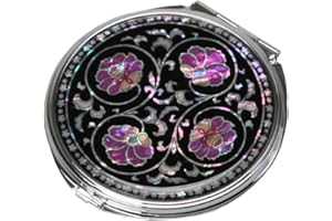 ANTIQUE ALIVE Mother of Pearl Purple Flower Art Deco Black Round Double Compact Handbag Purse Makeup Cosmetic Pocket Hand Mirror with Arabesque Design