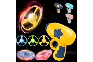 Vilbocr 3IN1Flying Disc Launcher Kids Toy Launcher with 1Flying Saucer Gun 4Cat Fetch Parachute 1Luminous propeller, 1 luminous gyroscope Outdoor Indoor Games Activities (Yellow blue)