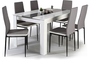 IDMarket – Conjunto de mesa de comedor Georgia, de 140 cm, blanca y gris, y 6 sillas Romane grises con ribete blanco