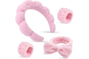 TTDCQQID Diadema Maquillaje Mujer, Diadema de lavado de cara, Banda para la cabeza de spa, Diademas de Esponja Suave, Diadema y muñequeras skincare, para Lavado de Cara, Desmaquillado, Yoga (Rosa)