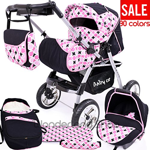 New Baby Pram SWIVEL WHEELS Travel System Buggy (Car Seat,Carrycot,Mattress,Diaper Bag,Parent Tray,Rain Cover,Mosquito Net) (4)