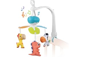 Culla Mobile Musicale per Bambini, MOOKLIN ROAM Giostrina Culla Neonato, Sonaglio Rotante a 360° Campana da Comodino con Musica - Dinosauri, Giraffe e Zebre per 0-5 Mesi Bambino