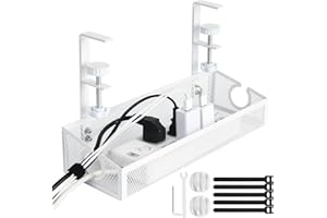 SEGNAYEN Under Desk Cable Management Tray White, No Drill Desk Cable Tidy, Desk Wire Organiser Rack Metal Mesh Table Cord Basket for Office and Home Standing Desk, 1 Pack