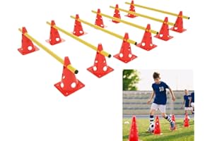 YUENFONG Set de Haies enfichables, Haies Coniques Sport 3 Trous Hauteur réglable Haies d'entraînement Set d'agilité, pour Enfants Sportifs Animaux domestiques(12 cônes Rouges 6 Barres Jaunes)