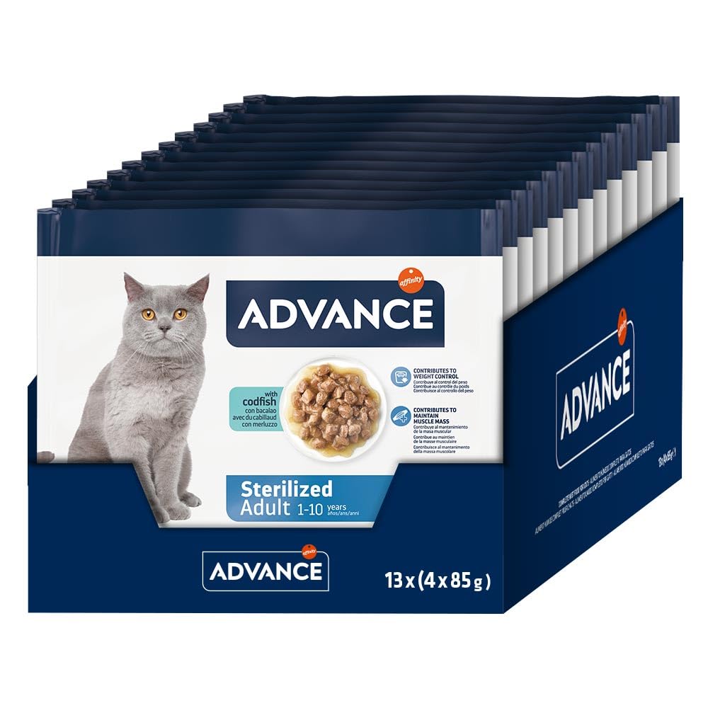 Advance Comida Húmeda para Gatos Adultos Esterilizados con Bacalao 13 Flowpacks de 4 x 85 g