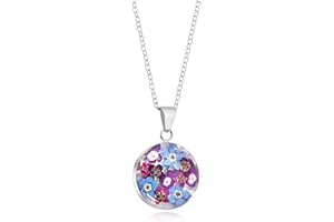 Natural Flower Jewellery Sterling Silver Medium Round Pendant Made with Real Purple Mix Flowers