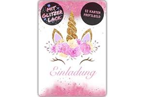 ‎CELEBR8TE celebr8te 12x Einhorn Glitzer Einladungskarten in rosa - Für den Kindergeburtstag von Mädchen - Einhorn Geburtstagseinladungen inkl. Messenger Bild & Urlaubsgutschein