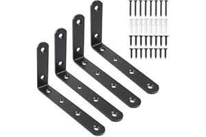 TAASMOOG 4 Pcs L Shaped Shelf Brackets - Metal Shelf Supports with Screws and Wall Plugs Set - Wall Right Angle Corner Brackets for Tables, Bookshelves, Wood Boards, Windows (Black, 125mm x 75mm)