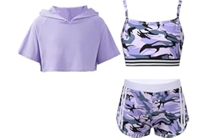 Sxiwei Girls' 3-Piece Sports Set Short Sleeve Hooded Crop To+Camouflage Camisole + Shorts Children's Tracksuit Hip Hop Dance Clothing