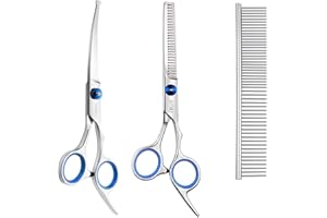 Elfirly Dog Grooming Scissors Set with Round Safety Tip (2 Pack - Curved Scissors Thinning Scissors for Grooming) Pet Grooming Scissors with Grooming Comb for Dogs and Cats