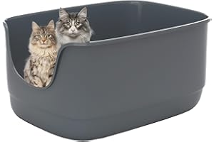 Suhaco High Sided Jumbo Cat Litter Tray Anti Splash Open Top Cat Litter Box 61 x 48 x 31 cm Extra Deep Large Cats Litter Trays for Multi Cats Toilet Low Entry (Grey)