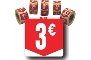 Affichesstore 30263 - Rouleau de 500 Étiquettes Autocollantes 3€ - Format Carré 35x35mm - Brillantes - Adhésives - Stickers Prix Ronds Euros