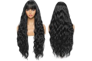 ‎SYLHAIR Sylhair Perücken 75 cm Schwarz Perücke mit Pony Super Lange Wasserwelle Kunsthaar Wigs with Fringes Wavy long Wigs with Bangs Perücken für Damen kunstfaser synthetische Faser Black Wigs for Women