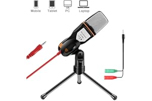 AOBETAK Microphone pour PC et Smartphone avec Support, Professionnel Jack 3,5 mm Micro à Condensateur avec Prise 3,5 mm répartiteur, Loptop iPad Mac Chant Youtube d'enregistrement,Gamer,Karaoké Noir