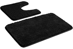 Myting Bathroom Mat Sets 2 Piece, Non Slip Washable Black Bath Mat, Soft Microfibre Bathroom Rug and Toilet Mat 50x80+50x50 cm