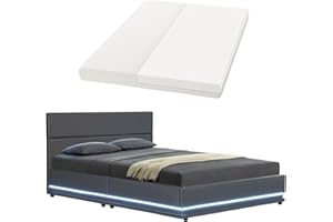 ‎JUSKYS Juskys Polsterbett Toulouse 180x200 cm - Bett mit Matratze, Lattenrost, Kopfteil, LED & Stauraum - Modernes Bettgestell - Bezug aus Kunstleder grau