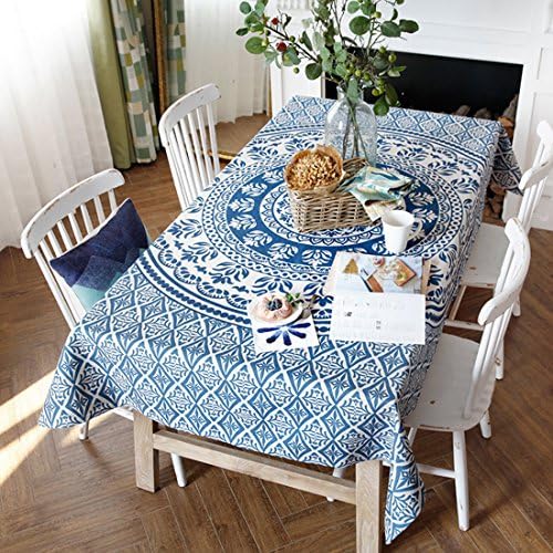 American Style Table Cloth Cotton Tablecloths,Round Floral Print and Geometric Series Pattern(Blue and White,35.4x55In)