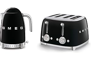 Smeg KLF04BLUK Jug Kettle with 7 Temperature Settings , 3KW, 1.7L & TSF03BLUK 4 Slice Toaster, Extra Wide Slots, Black