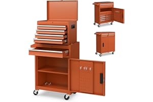 HOMFME Rolling Tool Cabinet, 2 in 1 Detachable Tool Chest with Drawers, Wheels, Hooks, Side Handle, Lockable Metal Tool Box Cart Trolley for Garage Workshop (Orange)